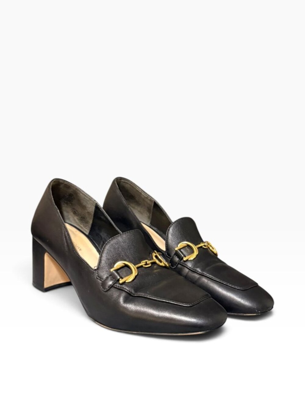Stuart Weitzman Horsebit Buckle Loafers 9.5 Black Leather Block Heel Preppy